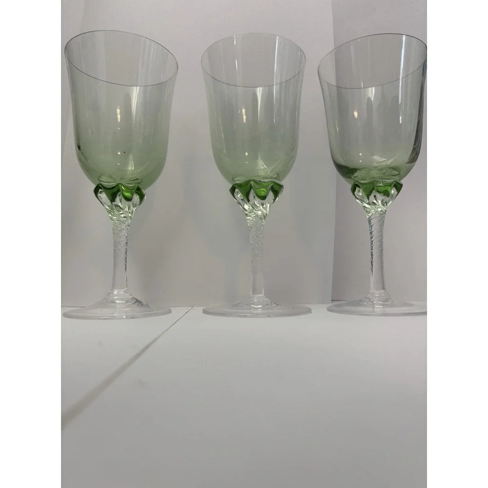 Sasaki Hawthorne Jade Water Goblets Green Clear Twist Stem Set of 6 Vintage